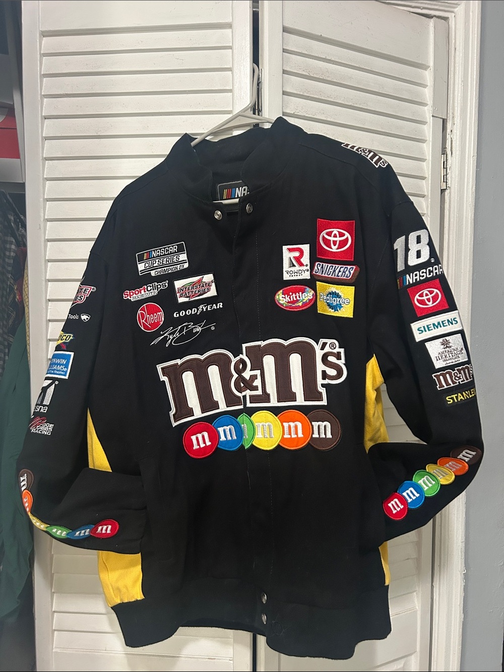 M&M'S Black Racing Bomber Jacket with Yellow Panels and Multicolor Logos